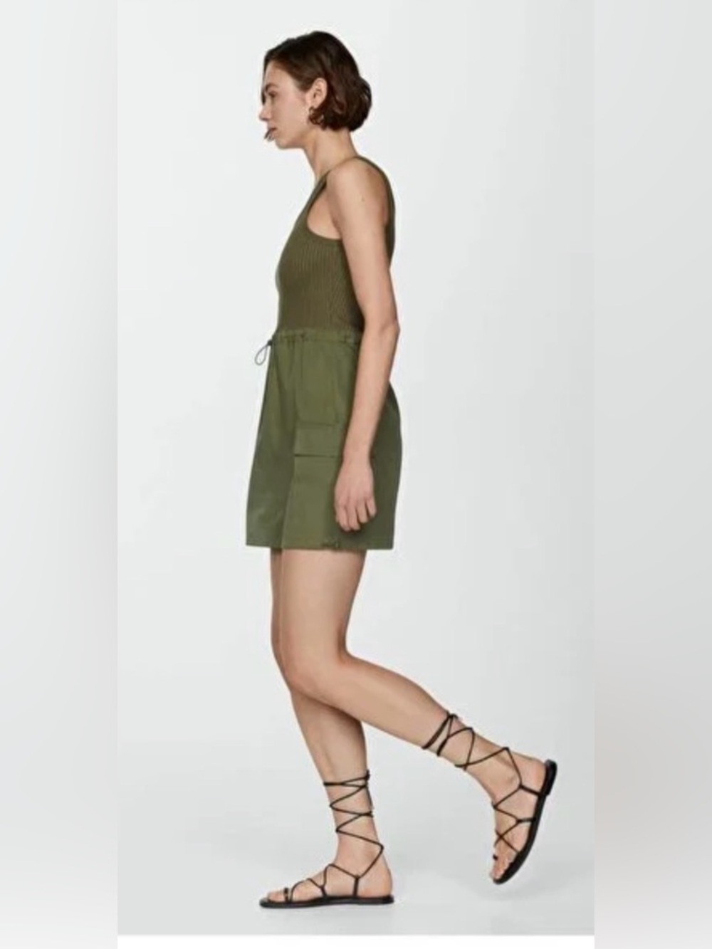 Mango Olive Ribbed Tank Utility Mini Dress - Picture 2 of 10
